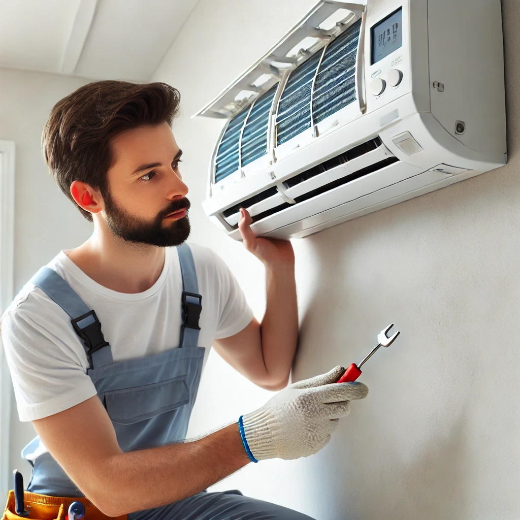 Dall·e 2024 09 18 09.23.31 A Professional Air Conditioner Technician Servicing A Wall Mounted Air Conditioner Unit In A Home. The Technician Is Wearing Clean Work Attire And Usi